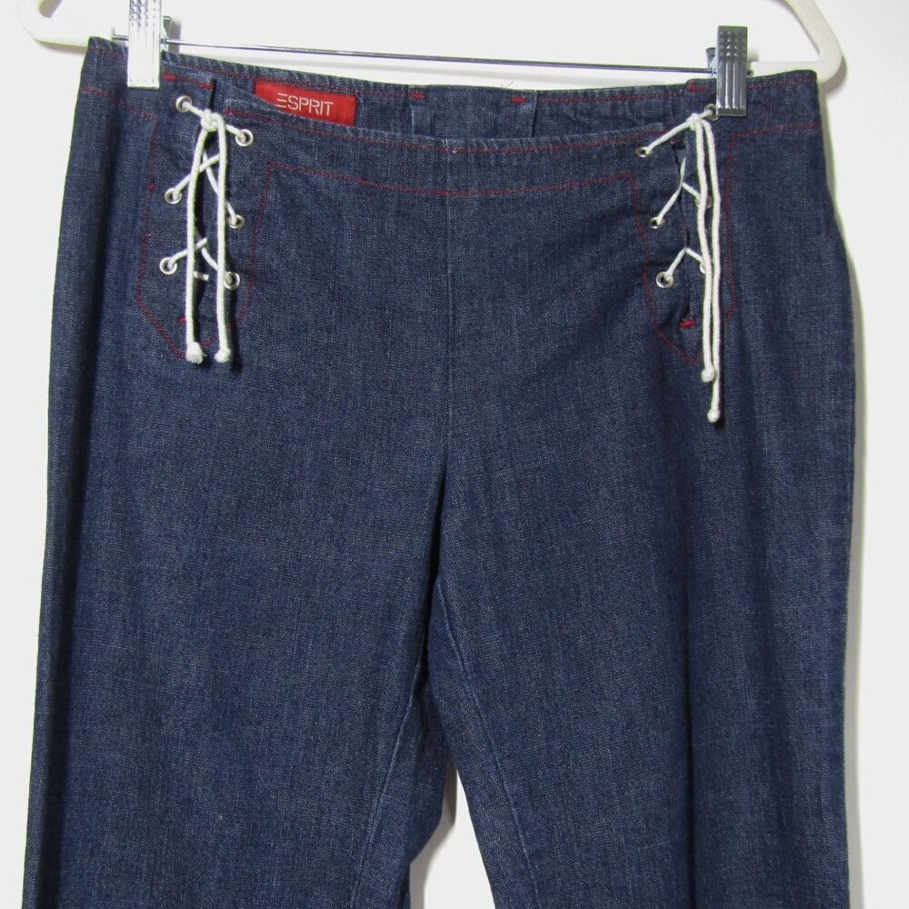 VTG ESPRIT Y2K 90s SAILOR NAUTICAL Lace Up Boho Hippie Festival Blue Jeans 7/8 - Picture 2 of 8
